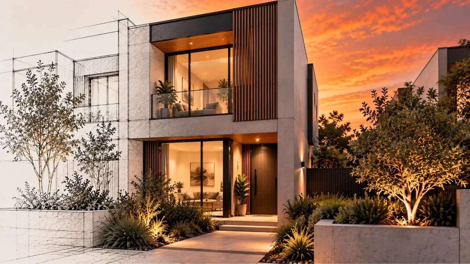 Modern townhouse at sunset with architectural sketch detailing blending into the finished home.
