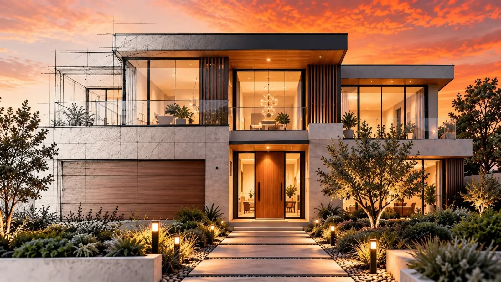 Large contemporary home at sunset with architectural sketch elements transitioning into the completed design.