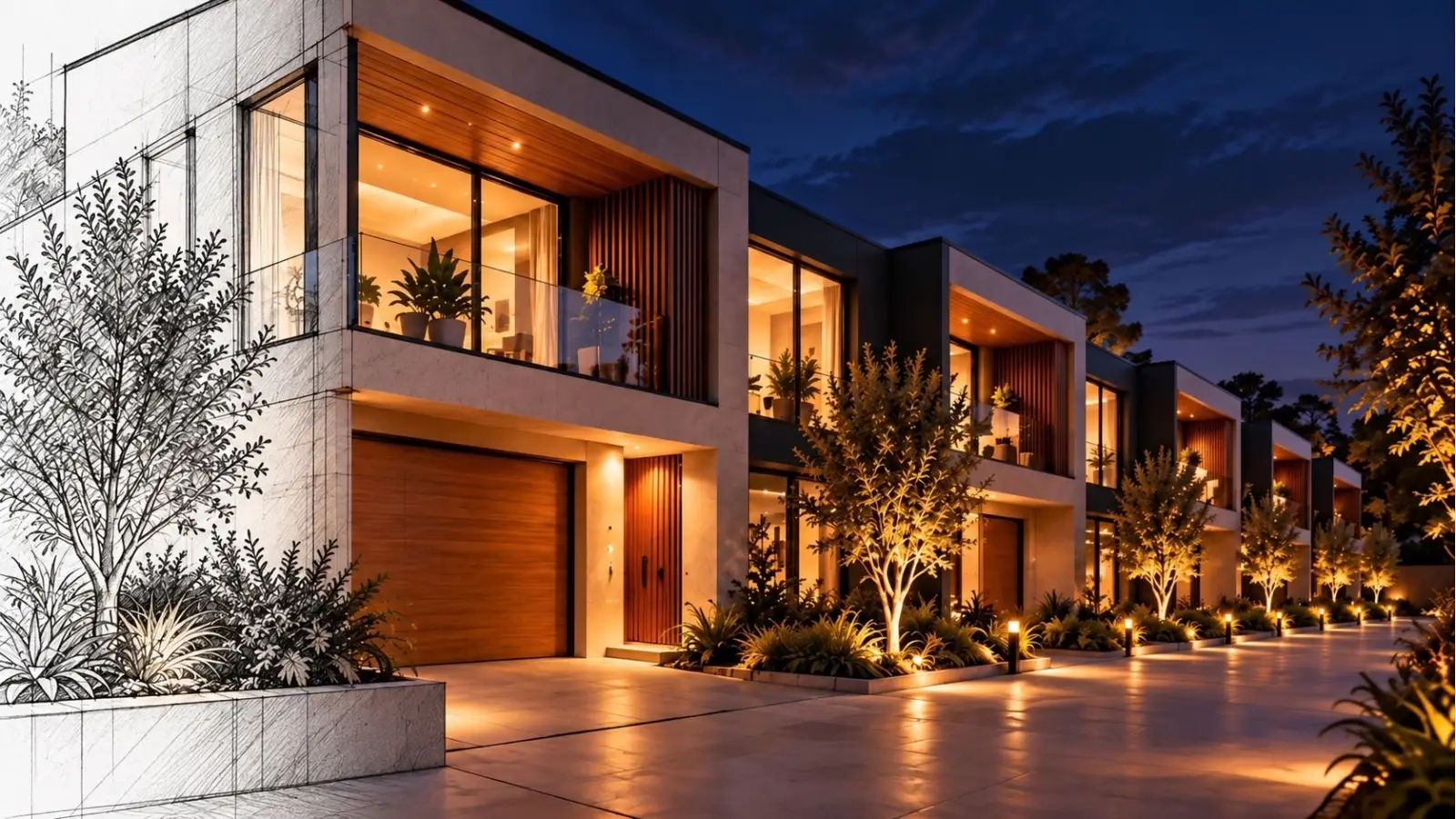 Row of modern townhouses at night with architectural sketch detailing on the left and completed homes extending into the distance.