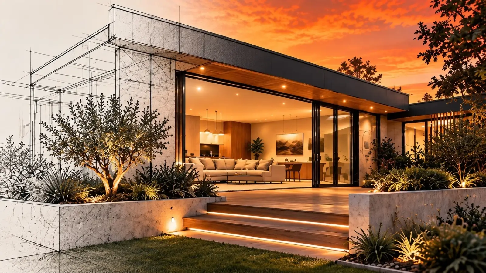 Modern home extension at sunset with part of the building shown as an architectural sketch and part as the finished renovation.