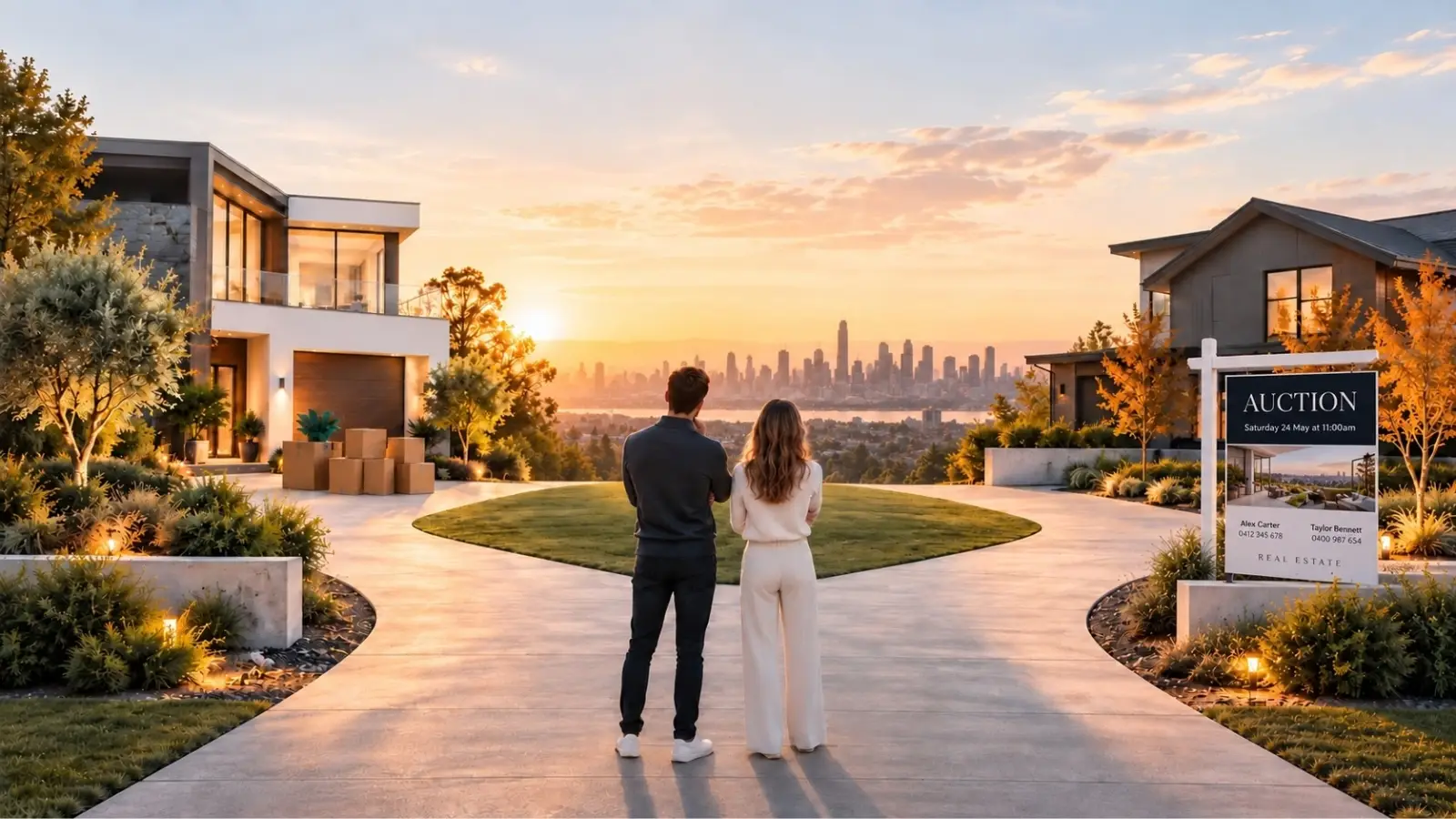 Couple standing between two homes at sunset, considering buying before selling, with moving boxes and an auction sign