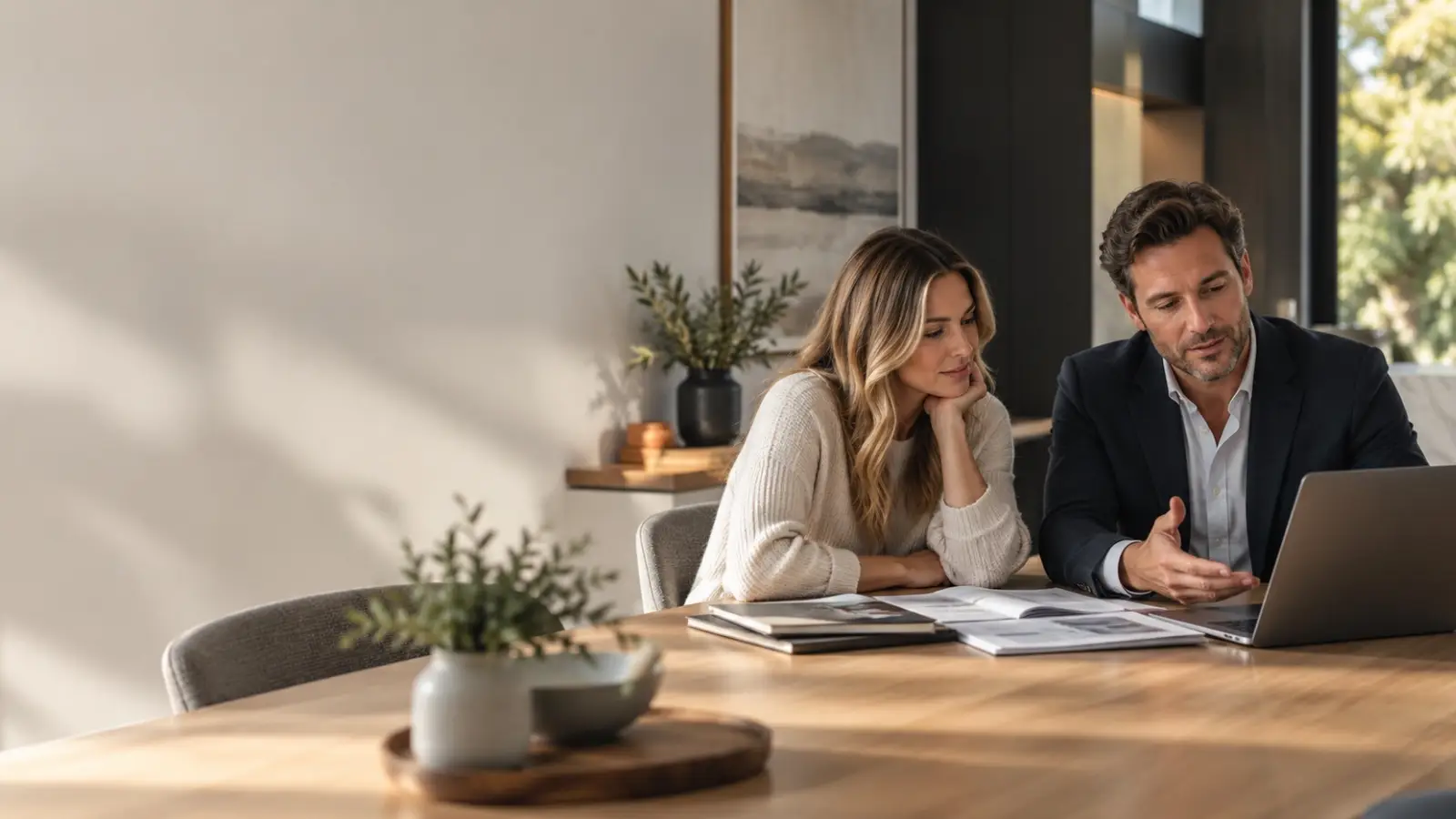 Mortgage broker reviewing home loan options with a client at a table.